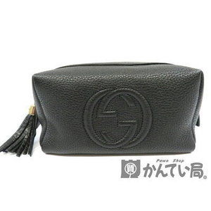GUCCI Cosmetic Pouch Case Black Leather GG Soho